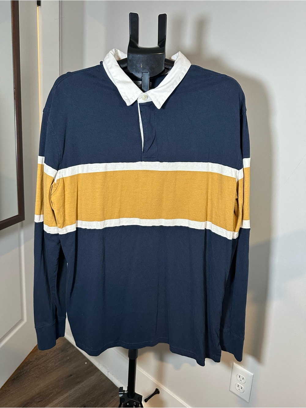 Goodfellow & Co XL Navy Mustard Striped Rugby Polo Shirt 100% Cotton